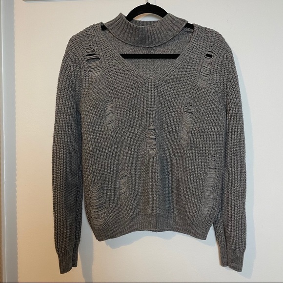 Derek Heart Gray Distressed Long Sleeved Lightweight Sweater with Cutouts - Picture 1 of 9